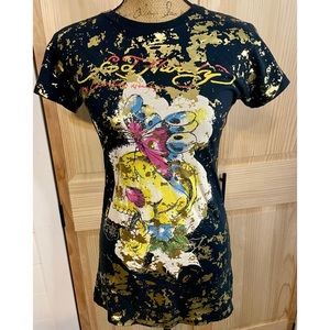 Ed Hardy Babydoll Butterfly / Skull T-Shirt Sz M Black/Gold Foil Splatter